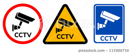 cctv sign symbol in circle triangle and blue graphic set yellow sticker label sign caution zone area cctv sign symbol in circle triangle and blue graphic set yellow sticker label sign caution zone area 115988730