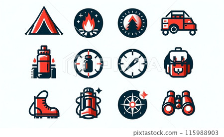 A collection of red and white outdoor item icons - simple and adventurous design A collection of red and white outdoor item icons - simple and adventurous design 115988903