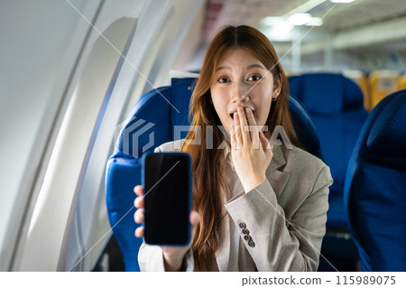 Airplane, travel and portrait of woman with journey and Free travel. 115989075