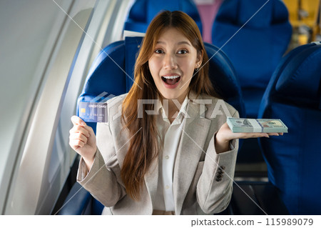 Airplane, travel and portrait of woman with journey and Free travel. Airplane, travel and portrait of woman with journey and Free travel. 115989079