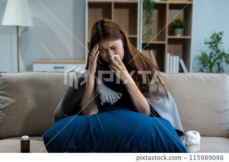 Woman feeling sick and headache, health care concept. Woman feeling sick and headache, health care concept. 115989098