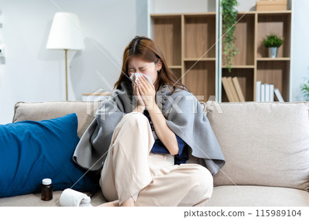 Woman feeling sick and headache, health care concept. 115989104