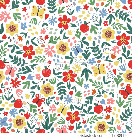 Cute flower pattern. Seamless texture. Spring summer girls background. Tiny leaves and bouquet. Decor textile, wrapping and wallpaper. Print for fabric. Cartoon vector botanical modern illustration Cute flower pattern. Seamless texture. Spring summer girls background. Tiny leaves and bouquet. Decor textile, wrapping and wallpaper. Print for fabric. Cartoon vector botanical modern illustration 115989191