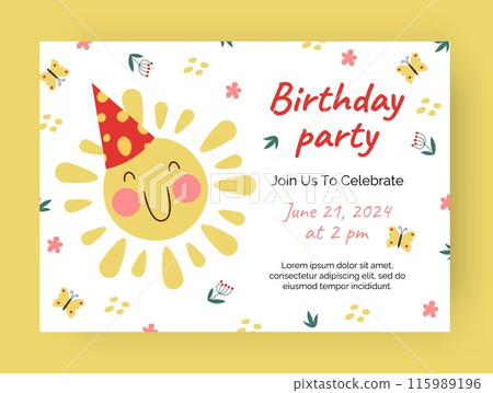 Birthday party invitation. Cartoon sun smile. Kids holiday. Celebration event. Festive sunshine. Happy face with hat. Children fun. Invite template. Cute flowers and butterflies. Vector card design 115989196