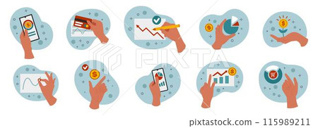 Hand holding money. Investment graph data. Arm showing at economy growth diagram. Dollar icon. Business revenue analysis. Finance income graphics. Persons gesture. Vector tidy financial concepts set 115989211