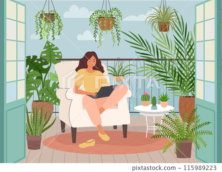 Balcony garden. Home apartment. Green city. Flower plants in pots. Woman working freelance with laptop. ECO house furniture. Terrace porch. Person relaxing. Cozy houseplants. Vector orangery interior Balcony garden. Home apartment. Green city. Flower plants in pots. Woman working freelance with laptop. ECO house furniture. Terrace porch. Person relaxing. Cozy houseplants. Vector orangery interior 115989223
