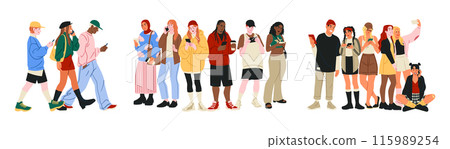 People with phones. Modern persons call. Mobile chatting. Young friends community. Happy men and women use smartphones. Casual students walk. Gadgets user. Camera selfie. Characters groups vector set People with phones. Modern persons call. Mobile chatting. Young friends community. Happy men and women use smartphones. Casual students walk. Gadgets user. Camera selfie. Characters groups vector set 115989254