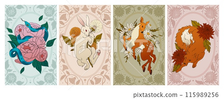 Mystic Boho cards. Animals and flowers. Vintage bohemian astrology floral mammals. Magic deer. Occult tattoo. Mystery alchemy. Snake on peony. Hare totem. Wild witch fox. Vector esoteric posters set Mystic Boho cards. Animals and flowers. Vintage bohemian astrology floral mammals. Magic deer. Occult tattoo. Mystery alchemy. Snake on peony. Hare totem. Wild witch fox. Vector esoteric posters set 115989256