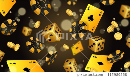 Casino poker. Golden chips. Black cards. Playing dices. Game money. Gamble gold coins. Falling bets. Blackjack ace. Lucky rays. Vegas gambling. Roulette chance. Blurry gaming slots. Vector background Casino poker. Golden chips. Black cards. Playing dices. Game money. Gamble gold coins. Falling bets. Blackjack ace. Lucky rays. Vegas gambling. Roulette chance. Blurry gaming slots. Vector background 115989268