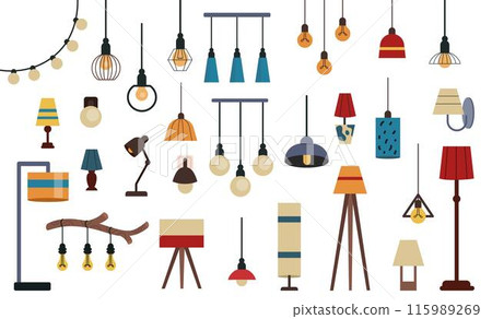 Lamp set, chandelier collection. Light shade home interior isolated decorative elements. Old and modern decor. Icon design for ceiling. Retro lantern room, different bulb. Vector flat tidy 115989269