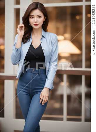 穿著牛仔褲的美麗年輕女子站在窗邊 115989281