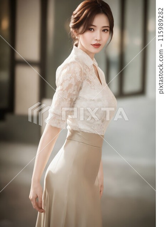 Beautiful young woman in a white lace blouse 115989282