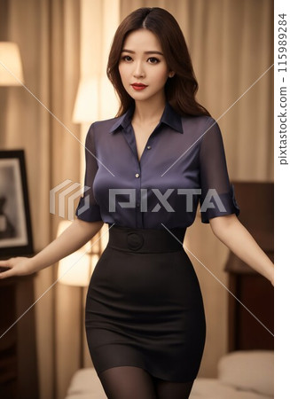 Beautiful young woman in a tight skirt standing next to a sofa 115989284