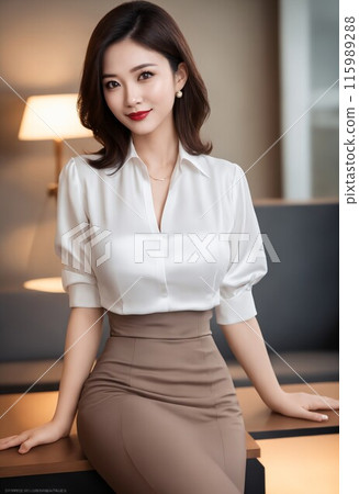 A beautiful young career woman sitting at her desk 115989288