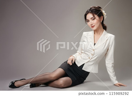 A young beautiful woman sitting sideways A young beautiful woman sitting sideways 115989292