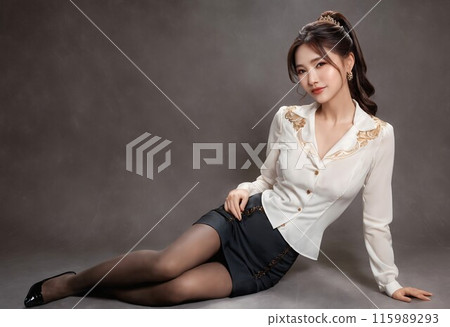 A young, beautiful woman in a tight skirt sitting sideways 115989293