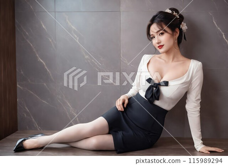 年輕美麗迷人的女人側身坐著 年輕美麗迷人的女人側身坐著 115989294