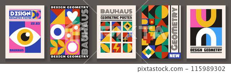 Bauhaus poster. Abstract certificate book. Geometric color shapes. Blocks pattern. Geometry design minimal figures. Art funky form icons. Flat creative collage. Basic tile. Vector tidy banners set Bauhaus poster. Abstract certificate book. Geometric color shapes. Blocks pattern. Geometry design minimal figures. Art funky form icons. Flat creative collage. Basic tile. Vector tidy banners set 115989302