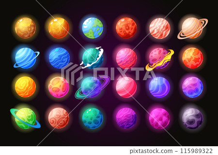 Space icon cartoon gloving planets. Galaxy elements, Earth and moon, universe different planets. Game sticker set, element gradient, color star, purple design. Vector UI fantasy cosmos garish sky 115989322