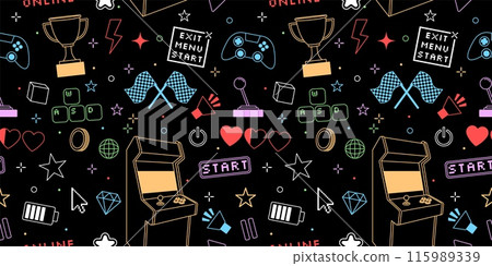 Game pattern seamless. Gamer kid. Graphic control joystick. Tee shirt repeated print. Arcade gamepad and race flags. Computer cursor and playing keypad buttons. Retro line icons. Vector background 115989339