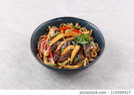 Udon with beef and teriyaki sauce Udon with beef and teriyaki sauce 115989427