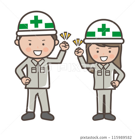 Full-body illustration of male and female construction workers full of motivation with a fist pump 115989582
