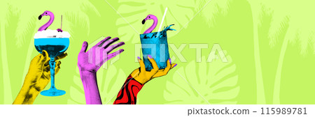 Banner. Contemporary art collage. Party scene of hands holding cocktails against green background with palm leaf silhouettes. Grainy fabric effect. Banner. Contemporary art collage. Party scene of hands holding cocktails against green background with palm leaf silhouettes. Grainy fabric effect. 115989781