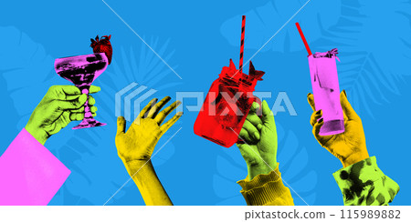 Contemporary art collage. Cocktails held by hands in colorful filter, set against blue sky with palm trees. Grainy fabric effect. Contemporary art collage. Cocktails held by hands in colorful filter, set against blue sky with palm trees. Grainy fabric effect. 115989882