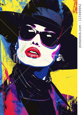 Contemporary art collage of young woman wearing sun glasses and hat, Illustration fashion poster, Pop art style, Generative AI 115989942