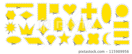 Cut here. Black scissors cutting. Set of cut dash shapes isolated on white background. Simple Vector illustration. Shear cutting paper coupon or discount along the line. Different geometric figures Cut here. Black scissors cutting. Set of cut dash shapes isolated on white background. Simple Vector illustration. Shear cutting paper coupon or discount along the line. Different geometric figures 115989956