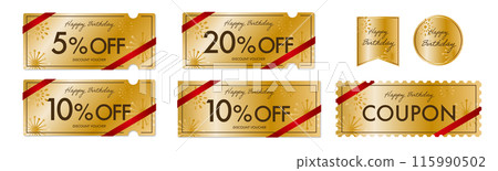 A luxurious gold coupon vector icon set for birthday sales A luxurious gold coupon vector icon set for birthday sales 115990502