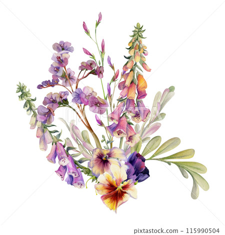 Hand drawn watercolor illustration botanical flowers leaves. Foxglove snapdragon lupin, pansy viola, willow eucalyptus, bergenia pink lobelia jasmine. Bouquet isolated on white. Design wedding, cards Hand drawn watercolor illustration botanical flowers leaves. Foxglove snapdragon lupin, pansy viola, willow eucalyptus, bergenia pink lobelia jasmine. Bouquet isolated on white. Design wedding, cards 115990504