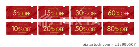 Red, luxurious coupon vector icon set (by discount percentage) for member sales Red, luxurious coupon vector icon set (by discount percentage) for member sales 115990507