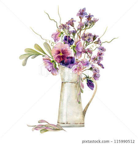 Hand drawn watercolor illustration botanical victorian flowers leaves. Mauve pansy viola, locust indigo branch, bergenia heliotrope lungwort, tendrils. Bouquet in jug isolated on white. Wedding, cards Hand drawn watercolor illustration botanical victorian flowers leaves. Mauve pansy viola, locust indigo branch, bergenia heliotrope lungwort, tendrils. Bouquet in jug isolated on white. Wedding, cards 115990512