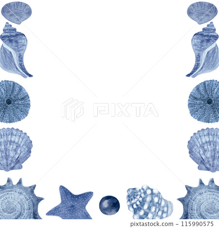 Shell frame monochrome in blue watercolor hand-drawn isolated on white. High quality illustration for notebooks, cards, posters, restaurant menu, souvenirs, stickers, tourism ads, dishes, room decor 115990575