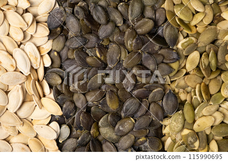 Unpeeled and peeled pumpkin seeds close-up, top view. 115990695