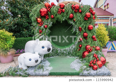 New Year's background portal with red Christmas balls for photos New Year's background portal with red Christmas balls for photos 115990942