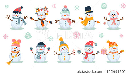 Cute snowmen set. Nursery art style. Winter characters in scarf and hat. Christmas stickers collection. 115991201