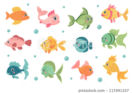 Cute fish set. Collection Of Different Kinds Of Cartoon Fishes. Cute fish set. Collection Of Different Kinds Of Cartoon Fishes. 115991207