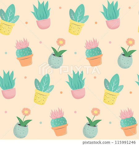 Seamless pattern with potted plant and cactus on a beige background. Pastel print. 115991246