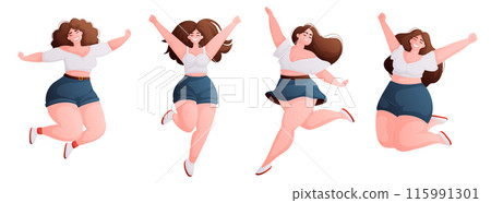 Illustration of four happy plus-size women jumping with joy, celebrating body positivity and self-confidence. 115991301