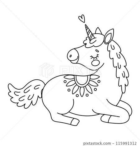 Cute magical sleeping unicorn. Hand drawn doodle, line art coloring book 115991312