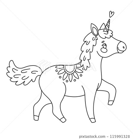 Cute magical unicorn. Hand drawn doodle, line art coloring book magical pony Cute magical unicorn. Hand drawn doodle, line art coloring book magical pony 115991328