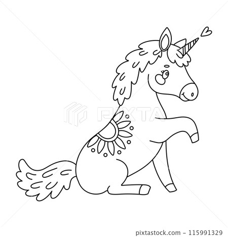 Cute magical unicorn. Hand drawn doodle, line art coloring book magical pony Cute magical unicorn. Hand drawn doodle, line art coloring book magical pony 115991329