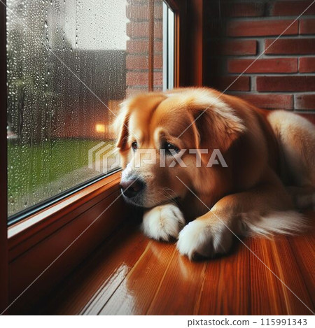 一隻厭倦了因為下雨而不能出去散步的狗 115991343
