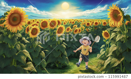 孩子們在夏天的向日葵田裡玩耍1 孩子們在夏天的向日葵田裡玩耍1 115991487
