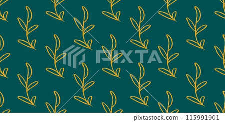 Golden foliage on emerald background seamless pattern 115991901