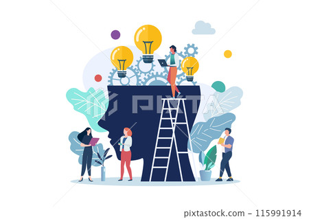 People characters with light bulb and gear wheels in the human head 115991914