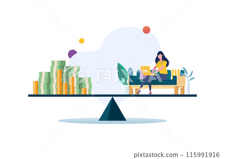 Working hard businesswoman compare with money on balance scale Working hard businesswoman compare with money on balance scale 115991916