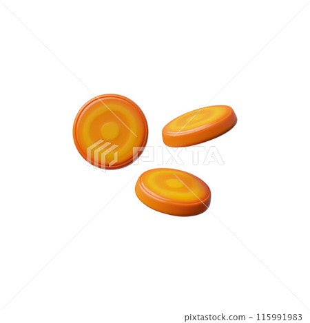 Fresh carrot three slices falling 3D plastic style icon, glossy orange vegetable round pieces, organic farm plant food 115991983